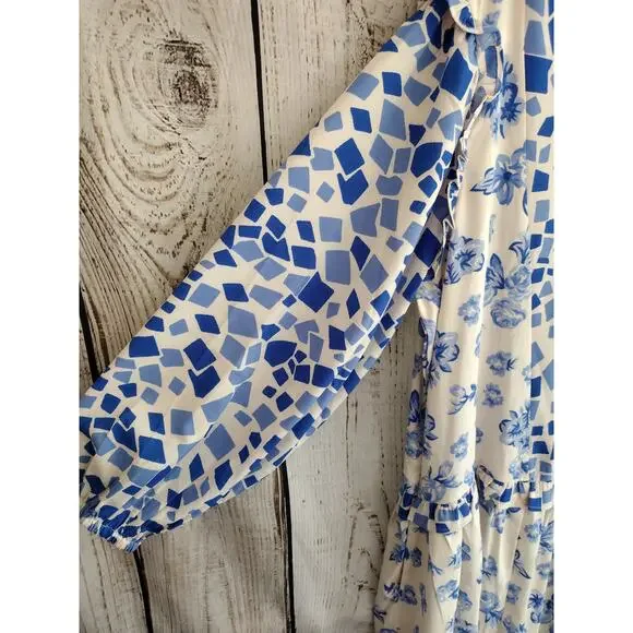 Tolani Collection Blue & White Geometric-Print Ruffle Trim Flowy Babydoll Dress - Picture 3 of 13